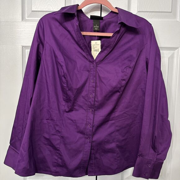 NWT Q Lane Bryant V-Neck Fitted Long Sleeve Button Up Shirt Women's 16 Stretch - Picture 1 of 5